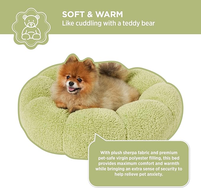 Lesure Calming Small Dog Bed - Flower Donut Round Fluffy Puppy Bed in Plush Teddy Sherpa, Non-Slip Cute Flower Cat Beds for Indoor Cats, Small Pet Bed Fits up to 25 lbs, Machine Washable, Green 23"