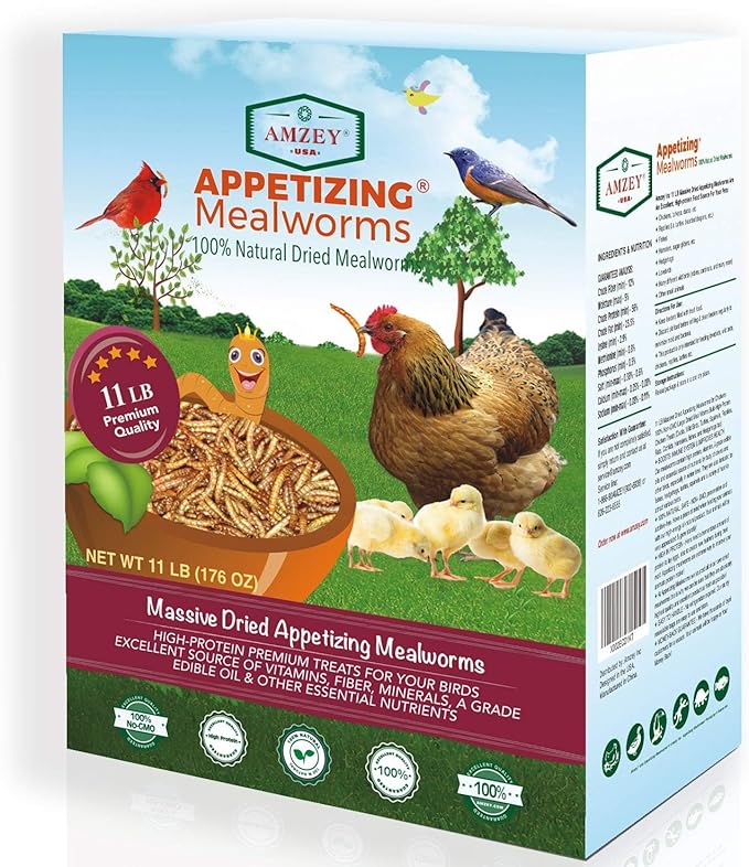 Amzey Dried Mealworms 11 LBS - 100% Natural for Chicken Feed, Bird Food, Fish Food, Turtle Food, Duck Food, Reptile Food, Non-GMO, No Preservatives, High Protein and Nutrition