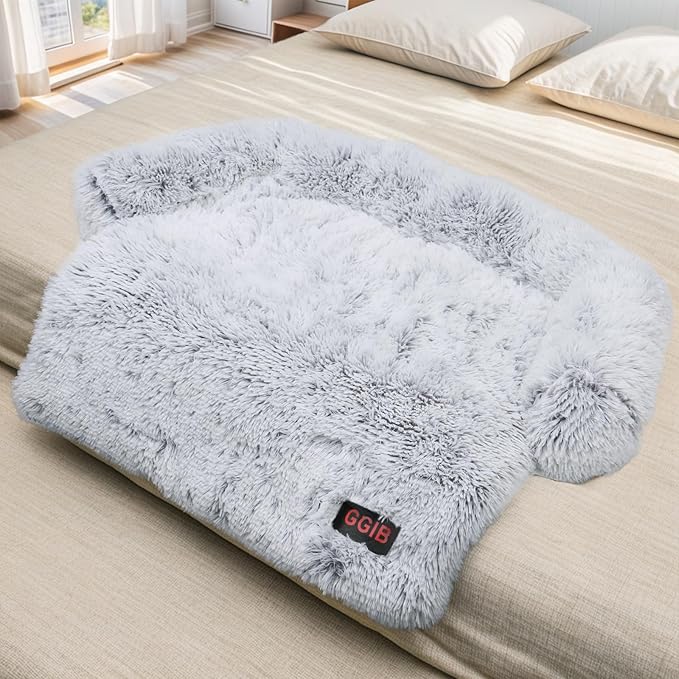 Calming Dog Bed Fluffy Plush Dog Mat for Furniture Protector with Removable Washable Cover for Large Medium Small Dogs and Cats (Large, Light Grey)