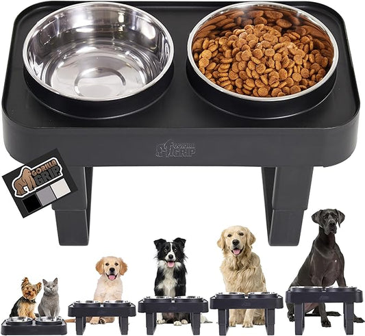 Gorilla Grip Elevated Dog Bowls Feeder, Adjustable Ergonomic Raised Bowl Stand for Cat Food and Water, Stainless Steel Rust Resistant Dishwasher Safe, Feeding Station Supplies for Dogs and Cats, Black