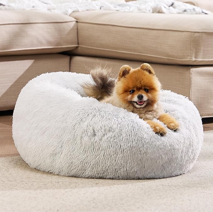 Bedsure Calming Dog Bed for Small Dogs - Donut Washable Small Pet Bed, 23 inches Anti-Slip Round Fluffy Plush Faux Fur Large Cat Bed, Fits up to 25 lbs Pets, Frost Grey