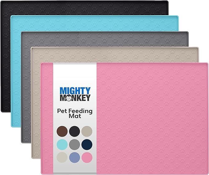 MIGHTY MONKEY 100% Waterproof Dog Food Mat, Raised Edges Silicone Pet Feeding Placemat for Cat, Dogs, Pet Bowls, High Lipped Tray Prevents Water Spills, Food on Floor, Dishwasher Safe, 18x12, Pink