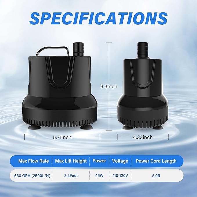 Simple Deluxe 660GPH Bottom Suction Submersible Water Pump 2500L/H 45W, 3 Nozzles with 8.2ft High Lift for Fish Tank, Pond, Aquarium, Hydroponics, Fountains