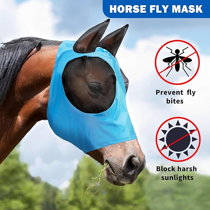 Masks for Horses, Safe and Breathable Horse Fly Masks with Ears, Shade and Cooling to Protect The Horse's face from Disturbance, Blue L