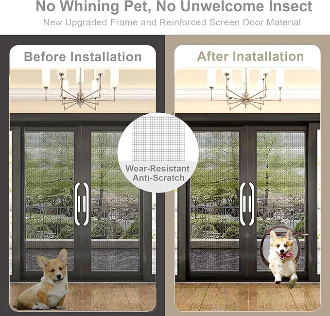 Dog Door for Screen Door, Patent Desigh Pet Screen Door with Lockable Magnetic Flap for Doggy Dog and Cat Door, Coffee