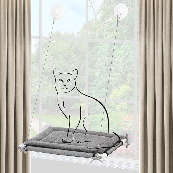 PAWBEE Cat Window Perch - Strong Suction Cups Hanging Cat Bed, Steel Wires Window Cat Perch, Cat Hammock for Window Indoor, Comfy Kitty Shelf for Inside Ledge, Cat Window Seat, Cat Window Hammock