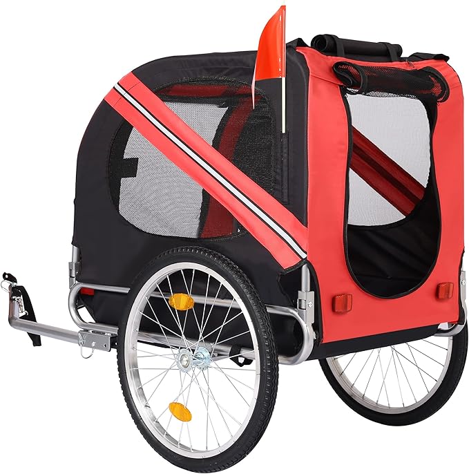 Bike Dog Trailer Folding Cart Frame with 3 Entrances Safety Flag 8 Reflectors, 20" Rear Wheels, Quick Conversion Bicycle Carrier for Medium Small Pets