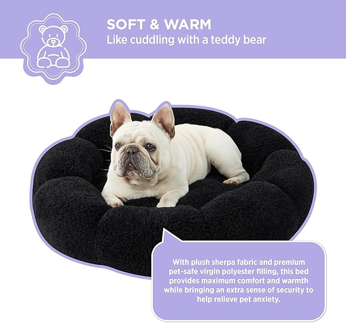 Lesure Calming Medium Dog Bed - Flower Donut Round Fluffy Puppy Bed in Plush Teddy Sherpa, Non-Slip Cute Flower Cat Beds for Indoor Cats, Medium Pet Bed Fits up to 45 lbs, Machine Washable, Black 30"
