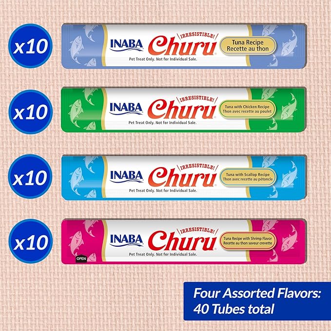 INABA Churu Cat Treats, Grain-Free, Lickable, Squeezable Creamy Purée Cat Treat/Topper with Vitamin E & Taurine, 0.5 Ounces Each, 40 Tubes, Tuna & Seafood Variety Box