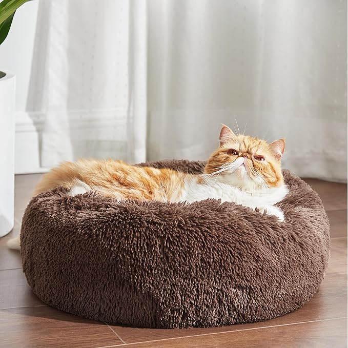 Bedsure Calming Cat Beds for Indoor Cats - Small Cat Bed Washable 20 inches, Anti-Slip Round Fluffy Plush Faux Fur Pet Bed, Fits up to 15 lbs Pets, Coffee