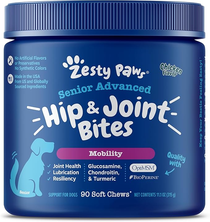 Zesty Paws Mobility Bites Dog Joint Supplement - Hip and Joint Chews for Dogs - Pet Products with Glucosamine, Chondroitin, & MSM + Vitamins C and E for Dog Joint Relief - Adv Chicken - 90 Count