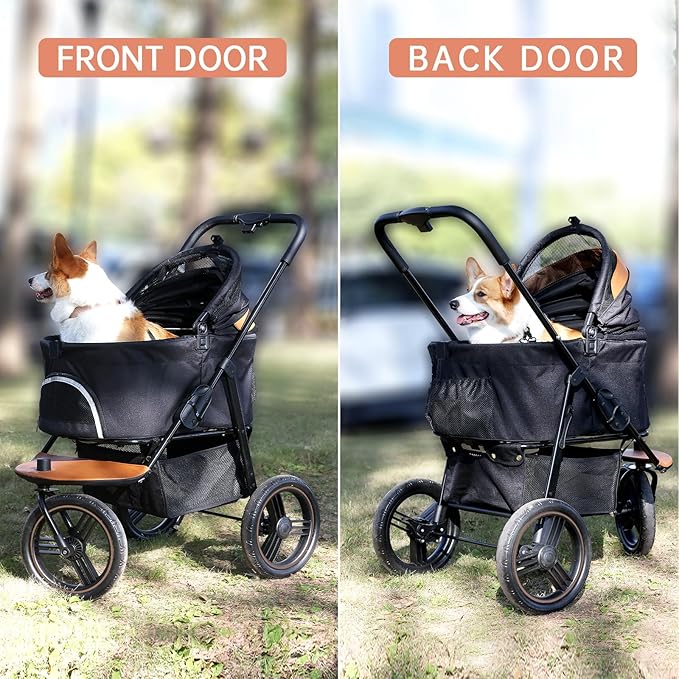 Dog Stroller for Medium Small Dogs, 3in1 Pet Stroller Zipperless Dog Cat Jogger Stroller 3 Wheels with Detachable Dog Carriage, Storage Basket and One-Button Folding Frame for Pets Walk-Black