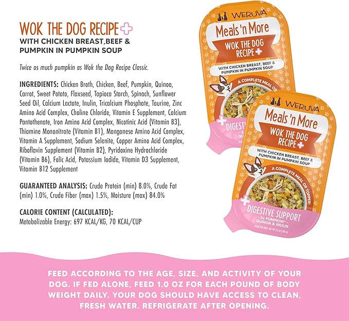 Weruva Meals 'n More Natural Wet Dog Food, Wok The Dog Plus Digestive Support, 3.5oz Cup (Pack of 12)