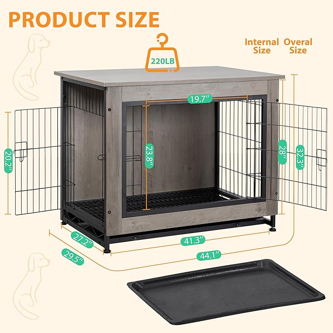 Shintenchi Wooden Dog Crate Furniture for Large Dog, XL Double-Door Kennel Indoor with Removable Tray, End Table XL Dog Crate for Decoration, 44" L*30" W*32" H, Grey