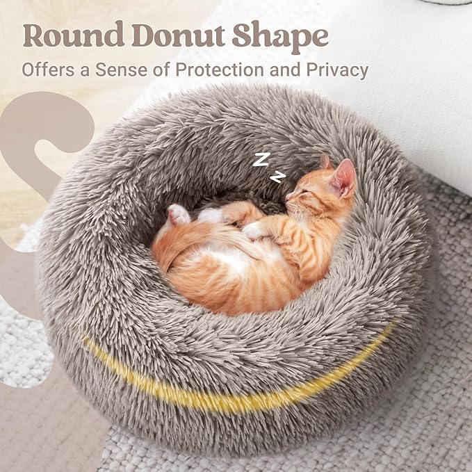 rabbitgoo Cat Beds for Indoor Cats, 20 inches Cat Bed Machine Washable, Fluffy Round Pet Bed Non-Slip, Calming Soft Plush Donut Cuddler Cushion Self Warming for Small Dogs Kittens, Khaki, Medium