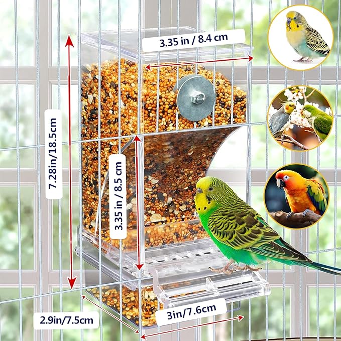 No Mess Bird Feeders with Water Dispenser Automatic Transparent Acrylic Food Container Drinker for Cage Automatic Parrot Feeder Seed Container Cage Accessories (Blue)