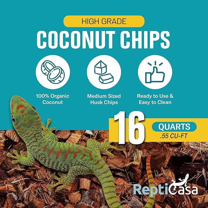 Organic Coconut Chips Substrate Clean & Ready to Use for Reptiles, Snakes, Tortoise, and Amphibians, Natural Fiber Free Husks, Clean Breeding and Bedding Flooring, Odor Absorbing - 16 Quarts