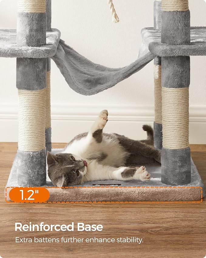 FEANDREA Cat Tree, Large Cat Tower, 64.6 Inches, Cat Activity Center with Hammock, Basket, Removable Fur Ball Sticks, Cat Condo, Light Gray UPCT087W01