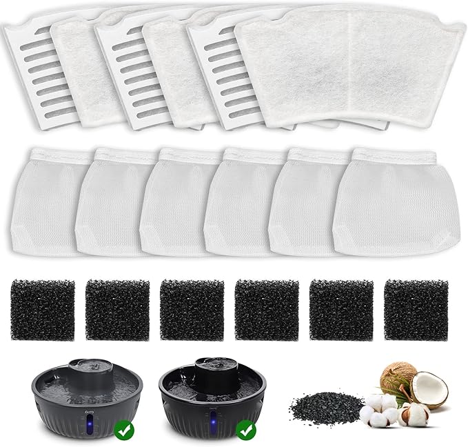 Kastty 6 Pack Replacement Filters for 195oz/6L Spiral Dog Water Fountains, Made of Coconut Shell Activated Carbon and PP Cotton, Food Grade Water Fountain Filters, with 6pcs Mesh Bag