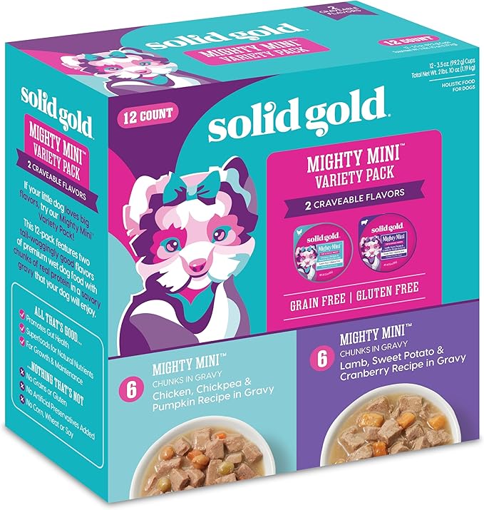 Solid Gold Wet Dog Food Variety Pack for Small Dogs - Mighty Mini Grain Free Wet Dog Food Made with Real Protein - for Puppies, Adult & Senior Small Breeds with Sensitive Stomachs - 12 Pack