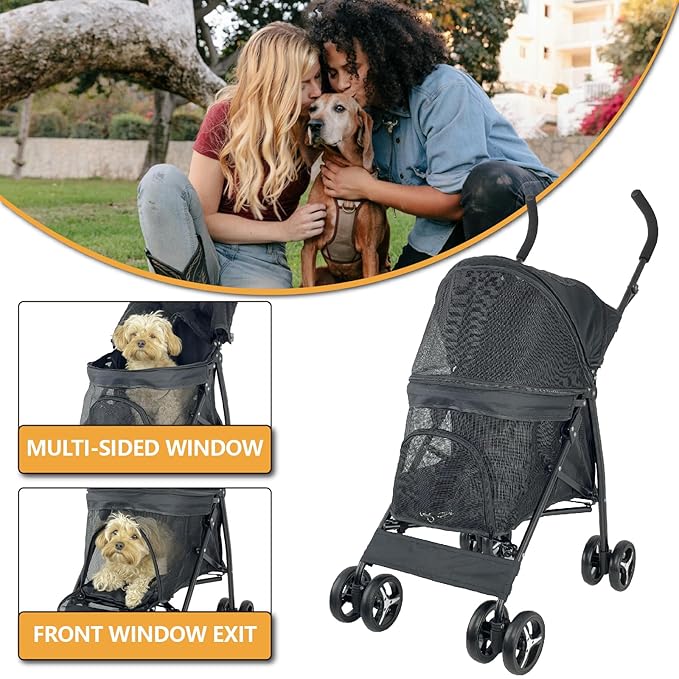 Umbrella shaped Lightweight 4 Wheel Dog Stroller for Medium Small Dogs, Portable Compact Pet Stroller with Breathable Mesh, Perfect for Travel,Jogging,up to 22lbs(Black)