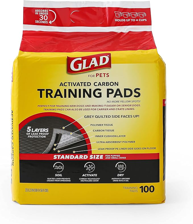 Glad for Pets Black Charcoal Puppy Pads 23" x 23" All-in-One | Puppy Potty Training Pads That ABSORB & NEUTRALIZE Urine Instantly | New & Improved Quality Puppy Pee Pads, 100 count - 2 Pack