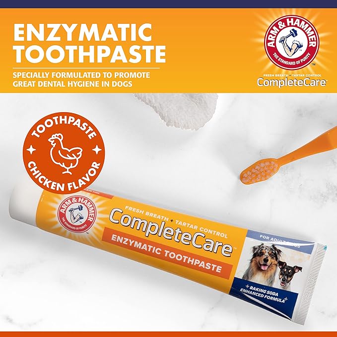 Arm & Hammer Complete Care Dog Dental Kit | 2.5oz Chicken Flavored Dog Toothpaste, Double Side Dog Toothbrush, Rubber Dog Finger Brush| Arm & Hammer Baking Soda Enhanced Formula