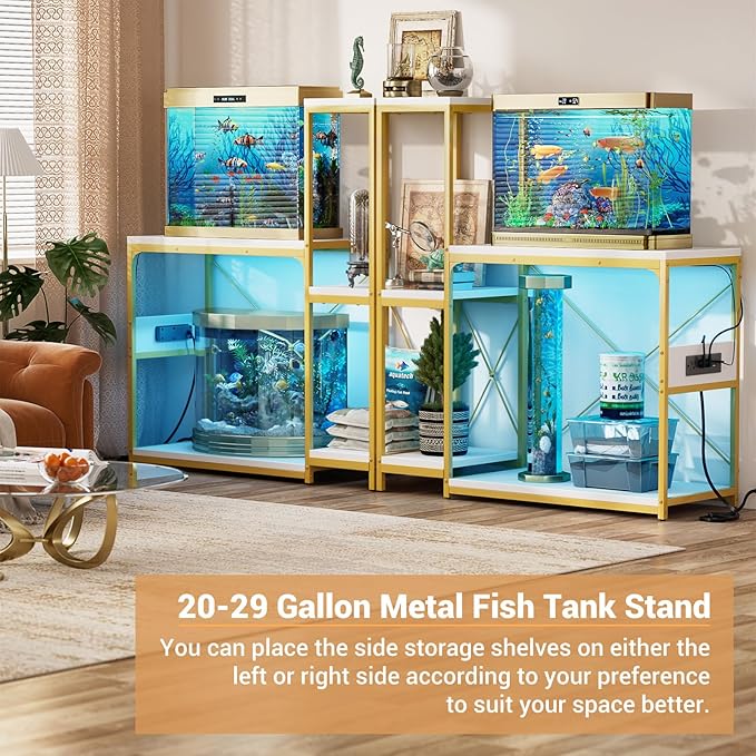 20-29 Gallon Fish Tank Stand with Power Outlet & LED Light, Reversible Wood Aquarium Stand with Shelves for Fish Tank Accessories Storage, Metal Frame, Reptile Terrarium Stand, White and Gold