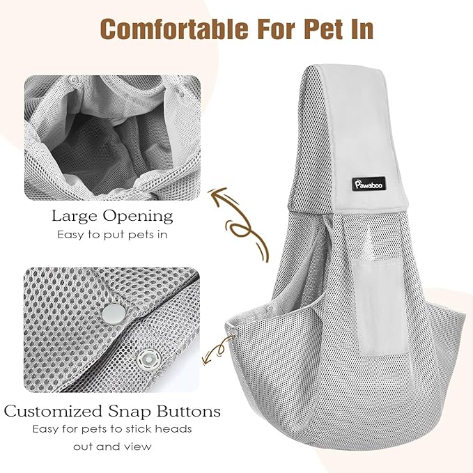 Pawaboo Dog Sling Carrier for Small Dogs, Ultra-Breathable Dog Carrier Sling Up to 14lbs, Hand-Free Widened Strap Dog Purse for Cat & Puppy, Dog Pouch Carrier Built-in Safety Leash, Gray