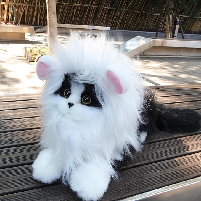 Lion Mane Wig for Cat Costume Pet Adjustable Washable Comfortable Fancy Lion Hair Cat Clothes Dress for Halloween Christmas Easter Festival Party Activity (Large, White)