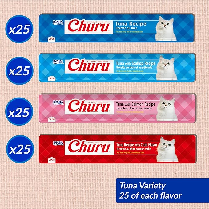 INABA Churu Cat Treats, Lickable, Squeezable Creamy Purée with Vitamin E, 0.5 Ounces per Tube, 100 Tubes Total, Tuna Variety