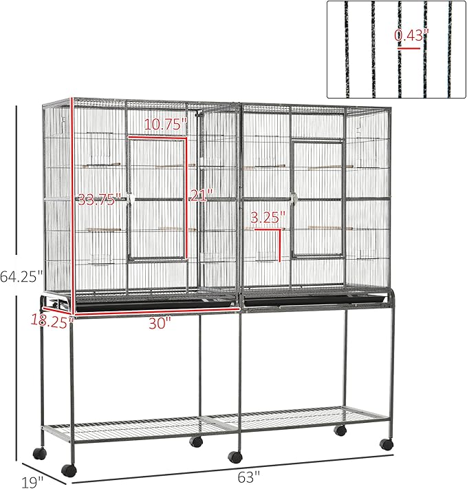 NicBex 64.25" Double Rolling Metal Bird Cage, Large Parakeet Cages with Stand,Pet Flight Birdcage for Parrot Lovebirds Finches Parakeets Budgie Parrotlet Conures,with Rolling Stand, Storage Shelf,Gray