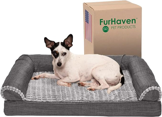 Furhaven Memory Foam Dog Bed for Medium/Small Dogs w/ Removable Bolsters & Washable Cover, For Dogs Up to 35 lbs - Luxe Faux Fur & Performance Linen Sofa - Charcoal, Medium