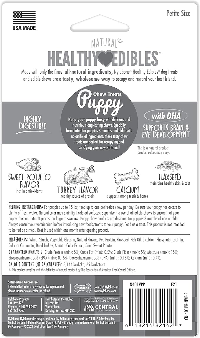Nylabone Healthy Edibles Natural Puppy Chews Long Lasting Turkey & Sweet Potato Flavor Treats for Dogs, X-Small/Petite (4 Count)