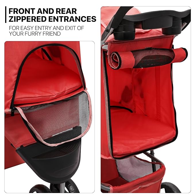 MoNiBloom 3 Wheels Pet Stroller, Foldable Puppy Cage Jogger Stroller with Weather Cover for All-Season, Storage Basket and Cup Holder, Breathable and Visible Mesh for Small/Medium Pets, Red