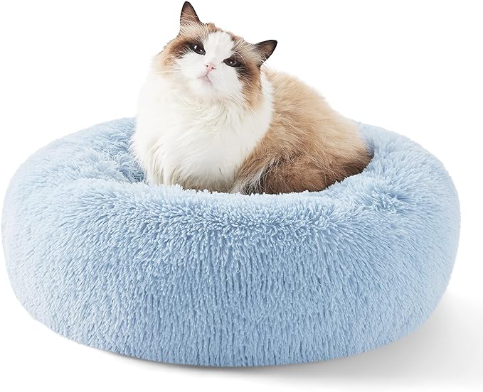 Bedsure Calming Cat Bed for Indoor Cats - Small Washable Round Cat Bed, Anti-Slip Fluffy Plush Faux Fur Pet Bed, Fits up to 15 lbs Pets, Blue, 20 inches