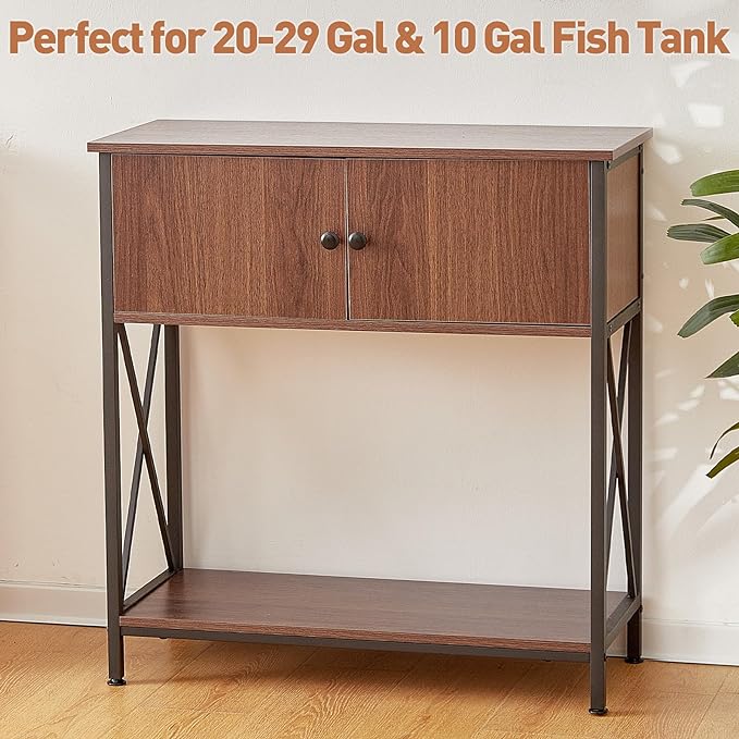 20-29 Gallon Aquarium Stand with Cabinet, 20 Gallon Long Fish Tank Stand with 31''L * 12''W Tabletop, Double Heavy Metal Stand with Stable Structure, Adjustable Table Feet - Walnut Brown