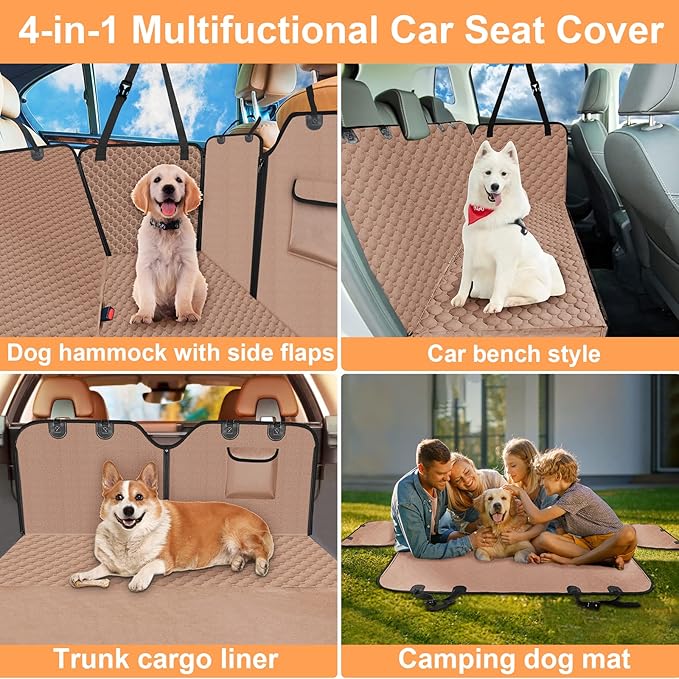 Mancro Dog Car Seat Cover for Back Seat, Waterproof Car Seat Protector for Dogs with Side Flaps, Scratchproof Dog Backseat Cover, Nonslip Dog Hammock for Sedans, SUVs, Standard, Khaki