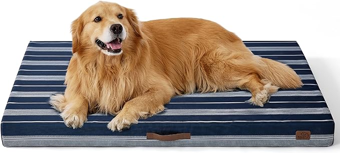 Bedsure Extra Large Patterned Dog Bed for Large Dogs, Outdoor Waterproof Orthopedic Egg Foam Dog Bed Comfort Pet Mats for Crate with Removable Washable Cover(44"x32", Navy Blue)