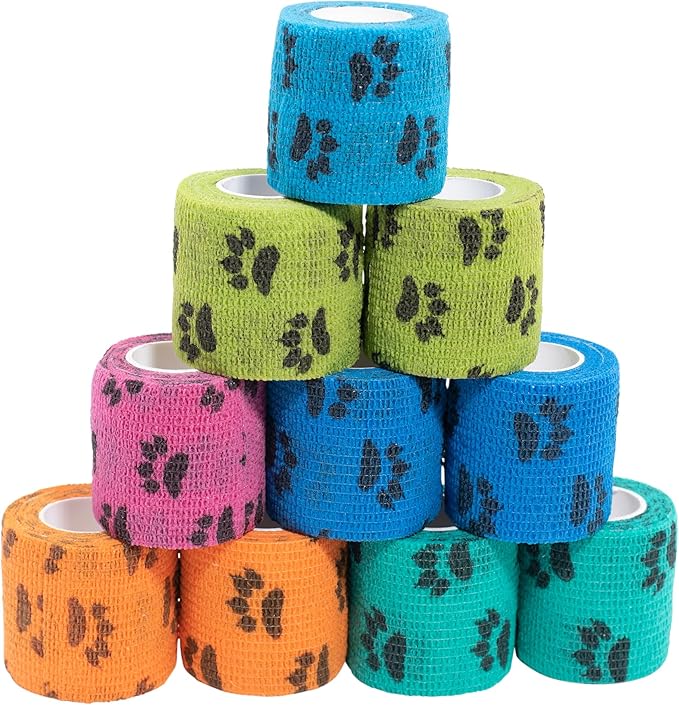 Cohesive Vet Wrap for Dogs, Self Adhesive Bandages in Bulk, Pet Cat Wound Care, Gauss Bandage for Horses by Downtown Pet Supply (Rainbow Claw, 10 Pack)