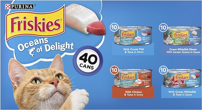 Purina Friskies Wet Cat Food Variety Pack, Oceans of Delight Flaked & Prime Filets - 5.5 oz. Cans (Pack of 40)