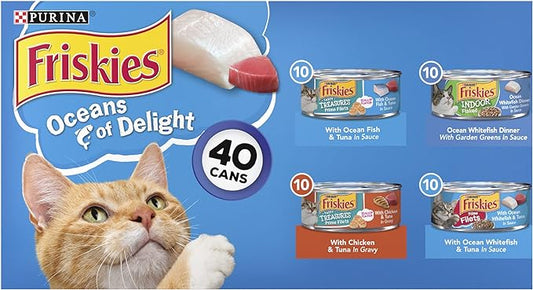 Purina Friskies Wet Cat Food Variety Pack, Oceans of Delight Flaked & Prime Filets - 5.5 oz. Cans (Pack of 40)