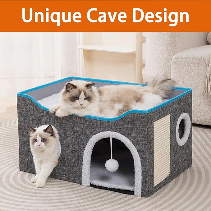 Cat Houses for Indoor Cats - Large Cat Bed Cave for Cat House with Scratch Pad and Fluffy Ball, Foldable Cat Hideaway with Reversible Cushion Cat Condo, Grey