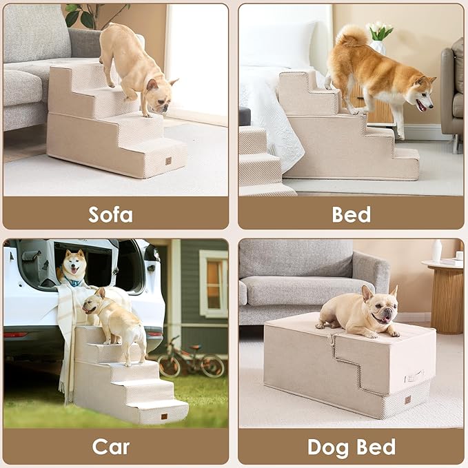 EHEYCIGA Dog Stairs for Bed 18”H, 4-Step Dog Steps for High Bed, Pet Steps for Small Dogs and Cats, Non-Slip Balanced Dog Indoor Ramp, Beige