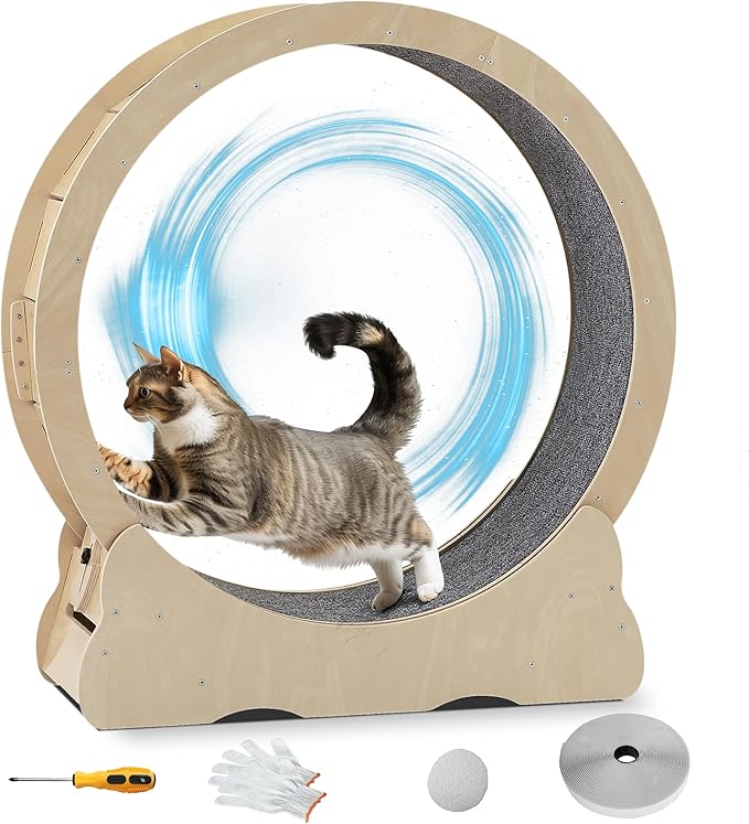 Cat Exercise Wheel,35.8 Inch Cat Wheels for Indoor Cats with Carpeted Runway,Cat Treadmill Running Wheel with Latch,Cat Running Wheel for Cats Daily Exercise and Weight Loss,Natural M