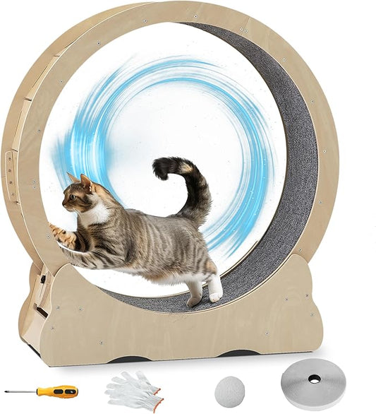 Cat Exercise Wheel,35.8 Inch Cat Wheels for Indoor Cats with Carpeted Runway,Cat Treadmill Running Wheel with Latch,Cat Running Wheel for Cats Daily Exercise and Weight Loss,Natural M