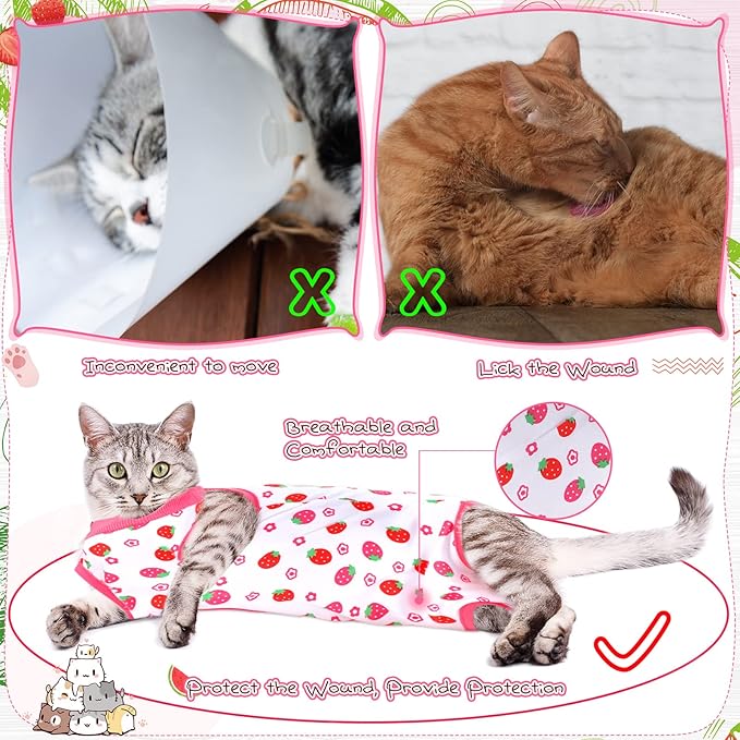 3 Pieces Cat Recovery Suit Kitten Recovery Suit E-Collar Alternative for Cats and Dogs Abdominal Skin Anti Licking Pajama Suit (Strawberry Pattern, Small)