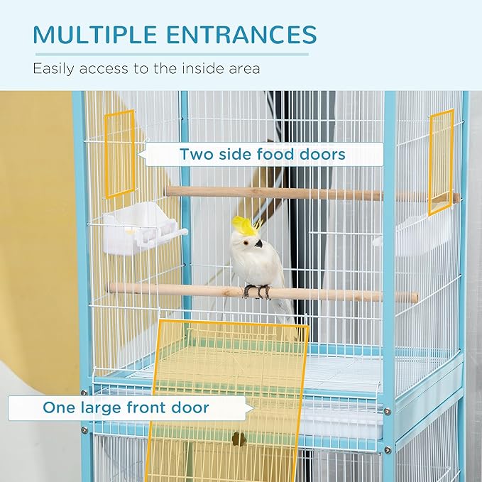 PawHut Large Bird Cage with 1.7 ft. Width for Wingspan, Bird Aviary Indoor with Multi-Door Design, Fit for a Canary, Finch, Conure, 55", Light Blue