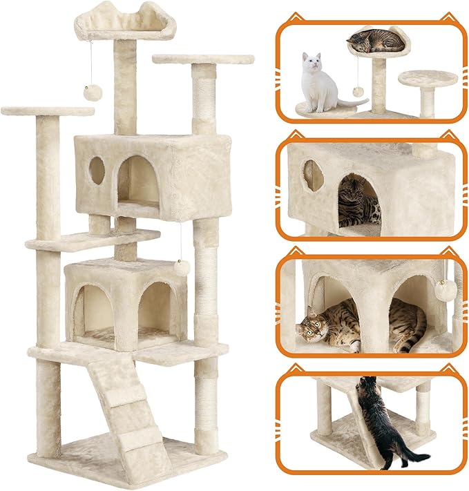 Yaheetech 62in Cat Tree Cat Tower for Indoor Cats, Cat Furniture w/Double Cat Condo, Scratching Posts, Multiple Platforms and Balls for Kittens & Cats, Beige