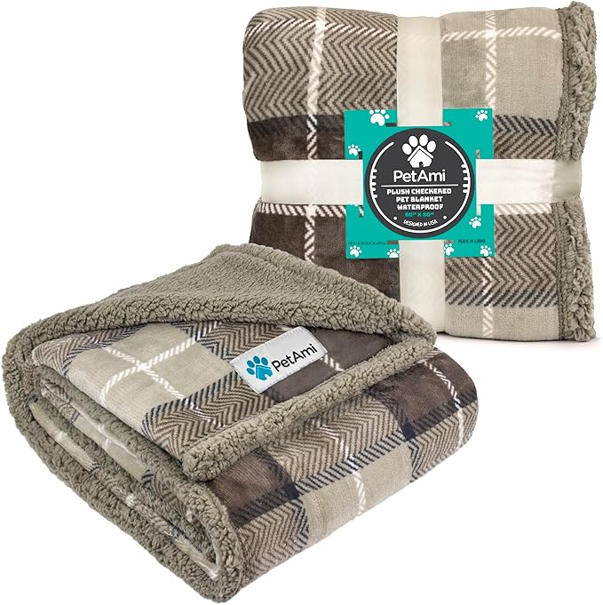 PetAmi WATERPROOF Dog Blanket For Bed, XL Dog Pet Blanket Couch Cover Protection, Sherpa Fleece Leakproof Bed Blanket for Crate Kennel Sofa Furniture Protector, Reversible Soft Plush 80x60 Plaid Taupe